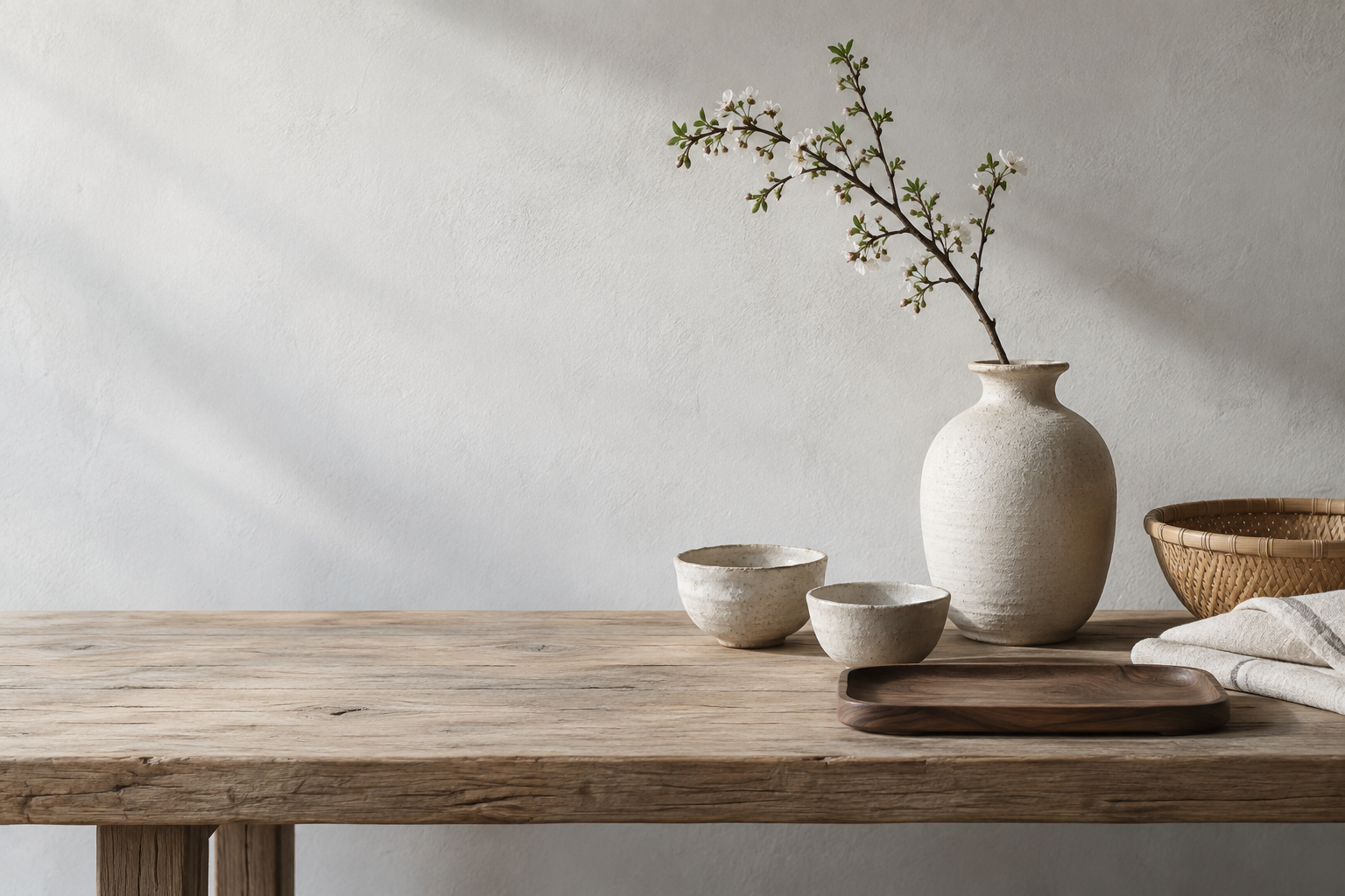 Illustrative still life of ceramic vessels, bamboo, wood and linen